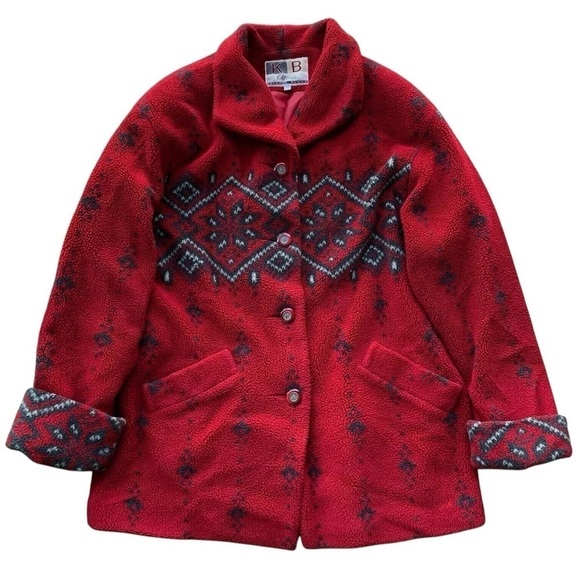 Kristen Blake KB Apres Nordic Fair Isle Fleece Coat Jacket Maroon Red Size M - Picture 1 of 8